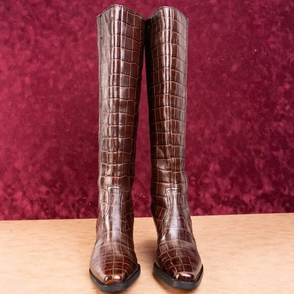 Ganni Women Croc Print Brown Leather Western Tall Fashion Boots sz 7.5US EUR38 - Picture 3 of 10